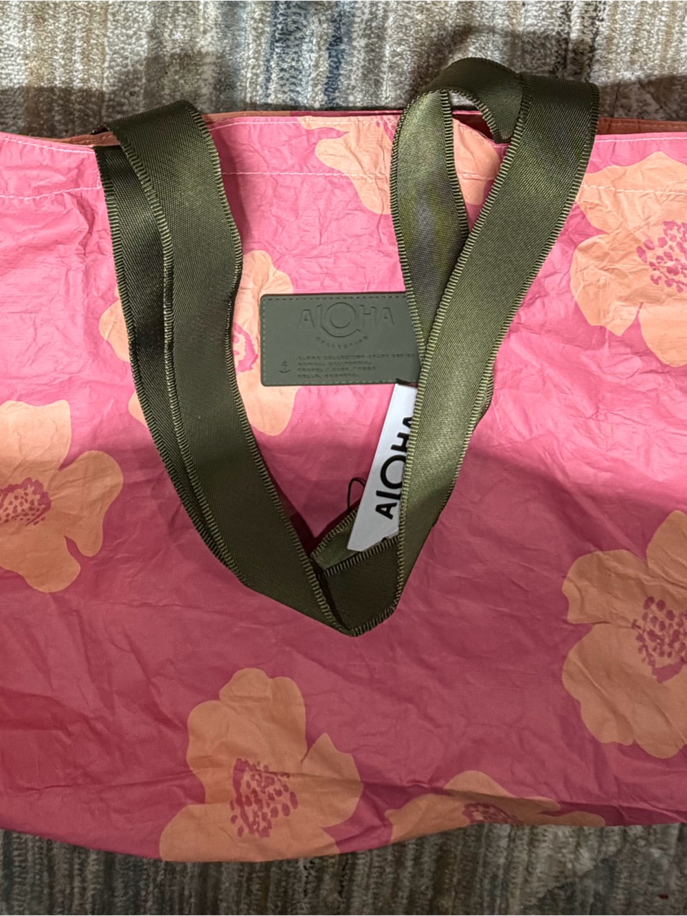 ALOHA Collection Olive Green Strap on Pink Floral Tote